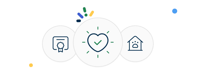 Three icons: a certificate, a heart with a check mark, and a house; colorful accents surrounding the heart.