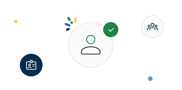 Illustration with icons: person with a checkmark, ID badge, group of people, and colorful dots, on a white background.