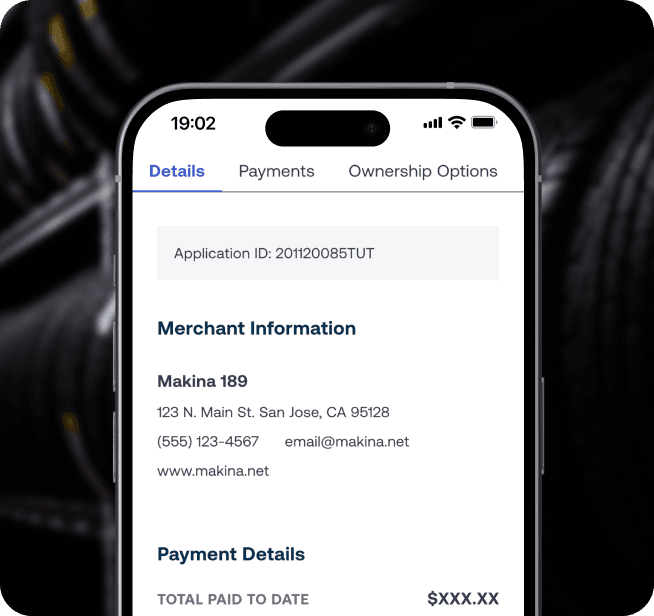 Smartphone screen displaying an application with merchant info, contact details, and a blurred background of black cables.