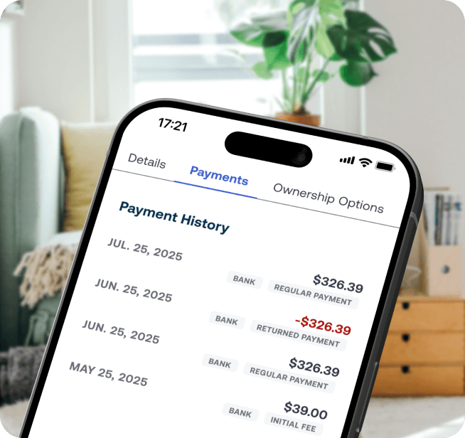 Smartphone showing payment history with dates and amounts, including a returned payment, against a cozy living room background.