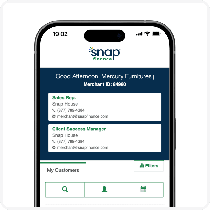 Mobile screen showing a Snap Finance app interface with contact details for a sales rep and client success manager.
