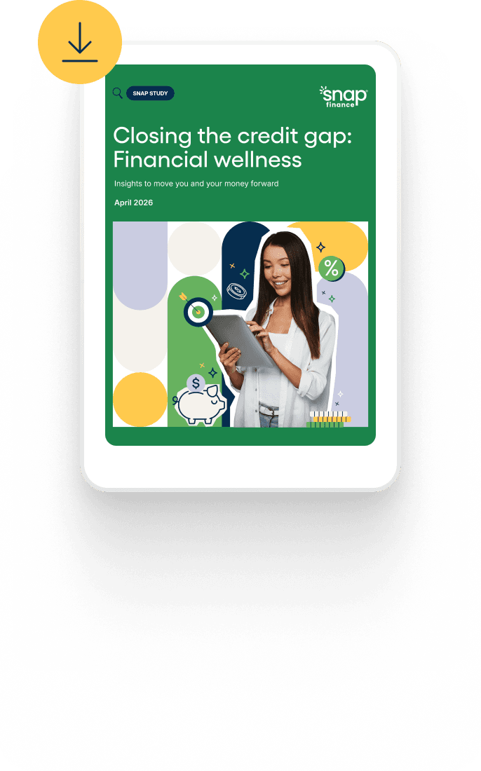 Tablet displaying a financial wellness magazine cover featuring a woman using a tablet, piggy bank, coins, and graphs.