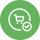 Shopping cart icon with a checkmark inside a green circle, symbolizing successful purchase or checkout.