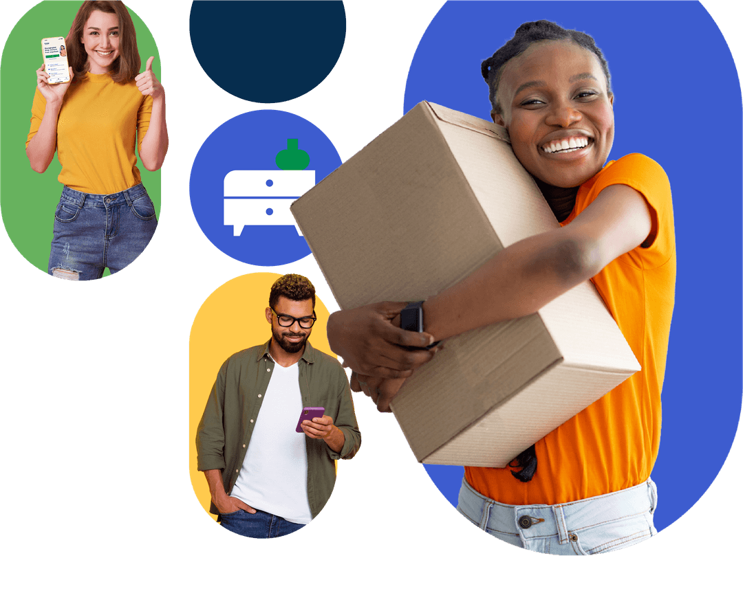 Three people are shown: a smiling person in an orange shirt hugging a large cardboard box, a person in glasses and a green jacket looking at their phone, and a person in a yellow shirt giving a thumbs up while holding a phone. Various icons are in the background.