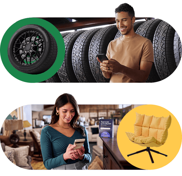 A man looking at his phone in a tire store and a woman looking at her phone in front of a furniture store
