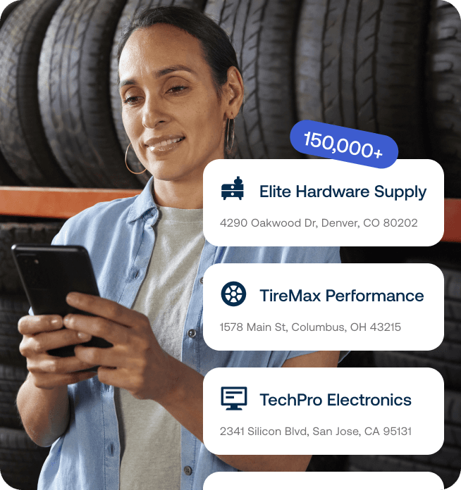 A woman looking at her phone in a tire shop. Overlaid are three cards showing different stores to shop at. 