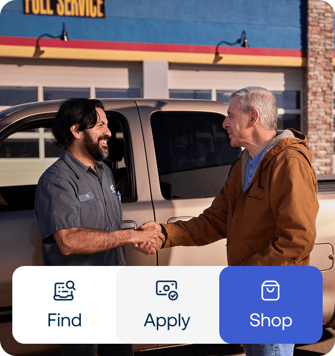 Two men speaking in front of a truck. Overlaid are three cards noting steps to take. 1. Find 2. Apply 3. Shop