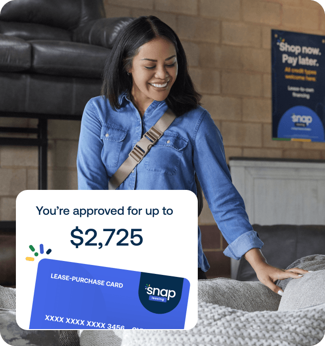 A woman shopping for a couch. Overlaid is a card with a message that says "You're approved for up to $2,725"