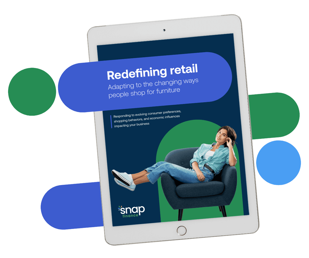 Tablet displaying Snap Finance's ebook titled 'Redefining retail: Adapting to the changing ways people shop for furniture'. The screen shows a woman relaxing on a dark armchair, wearing casual clothing. The image is framed by colorful blue and green circular shapes, giving it a modern, dynamic look.