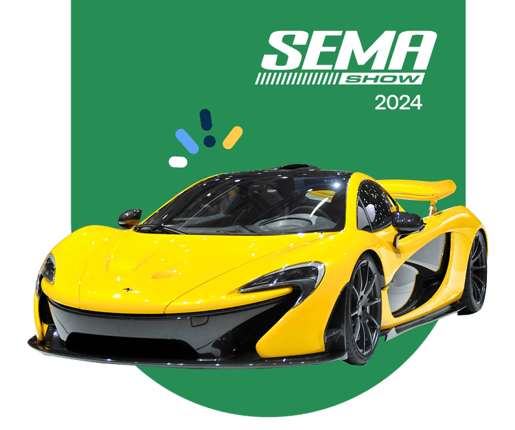A bright yellow sports car with sleek design is displayed against a green backdrop. Text in the upper right corner reads "SEMA Show 2024" with a decorative trio of blue, orange, and green shapes.