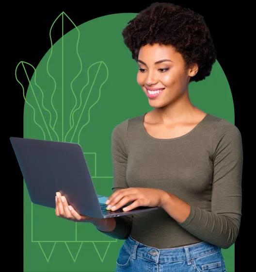 Smiling woman using laptop, green circular background with plant illustration