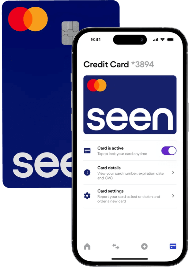 Navy blue Mastercard with 'Seen' branding next to phone showing the card's digital management interface