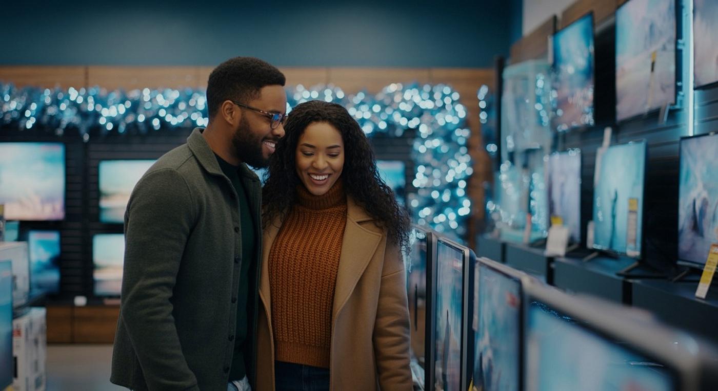 A smiling young couple browsing electronics in a store.