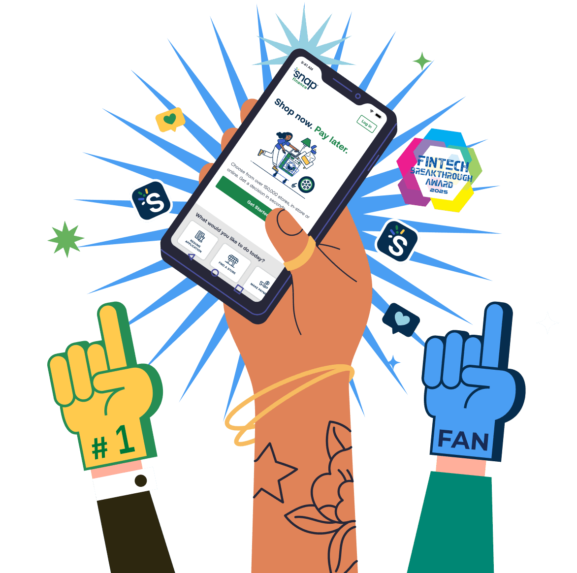 Three arms raised up, the middle one holding a phone with the Snap mobile app displayed. 