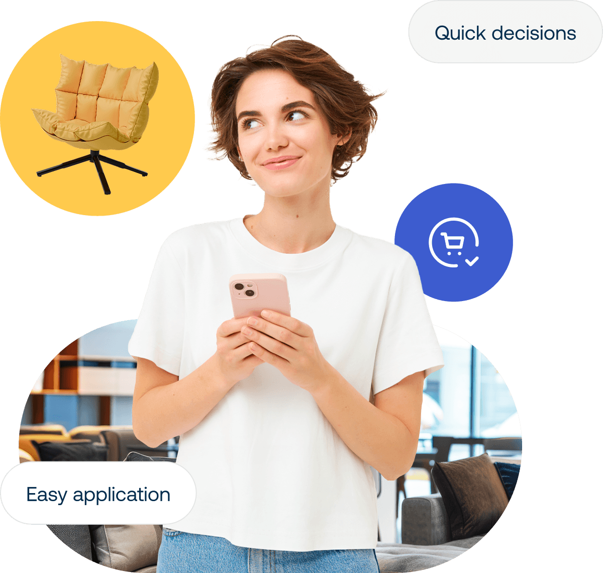Woman holding a smartphone and smiling, with icons for quick decisions and easy application, plus an image of a yellow chair.