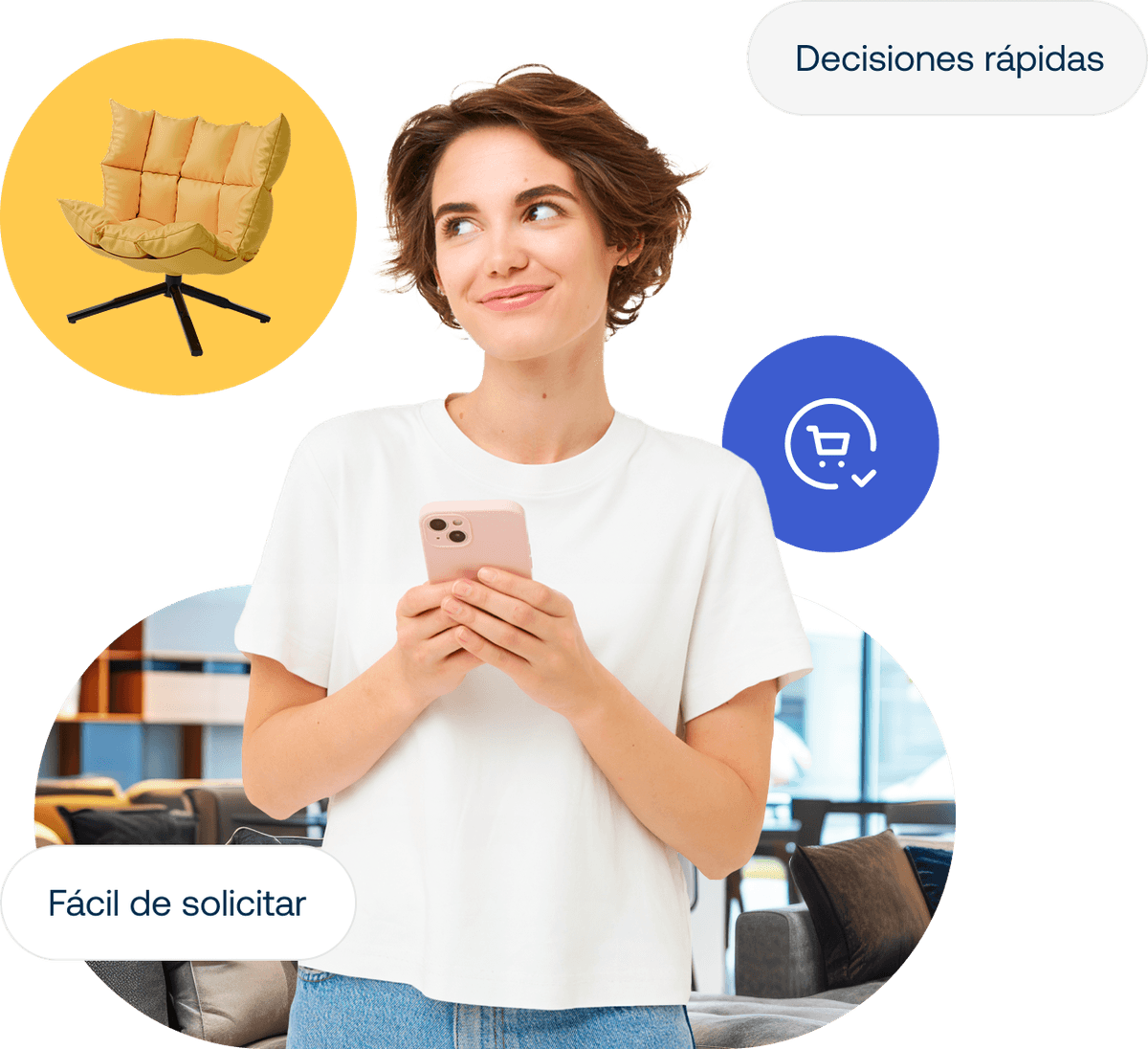 Woman holding a smartphone and smiling, with icons for quick decisions and easy application, plus an image of a yellow chair.