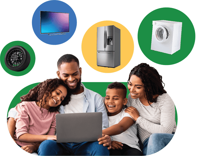 A smiling family of four sits together looking at a laptop, surrounded by floating images of a tire, TV, refrigerator, and washing machine.