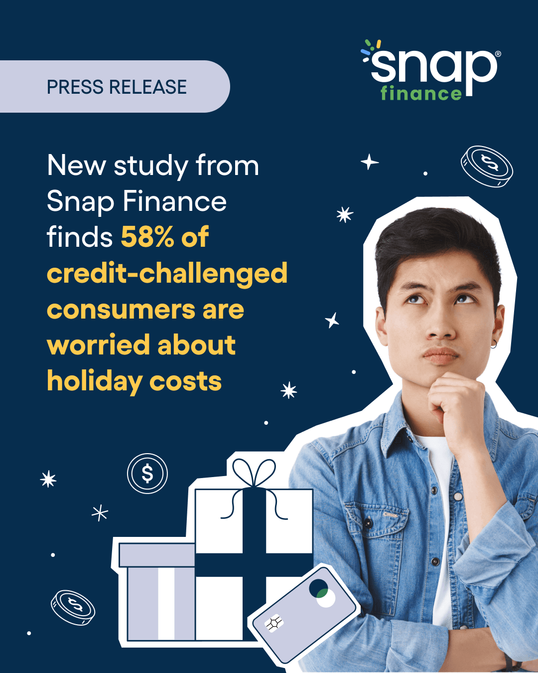 A thoughtful person stands next to text about a Snap Finance study. Boxes, a card, and dollar signs illustrate holiday cost concerns.