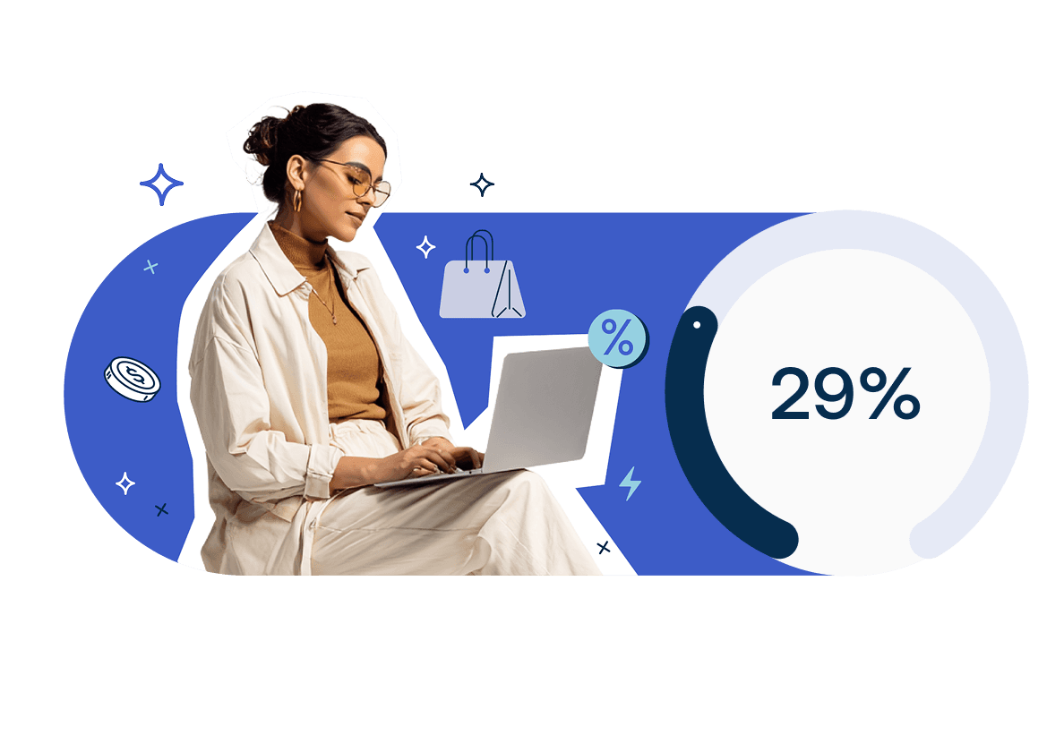 A woman using a laptop, surrounded by shopping and percentage icons, with a 29% display.