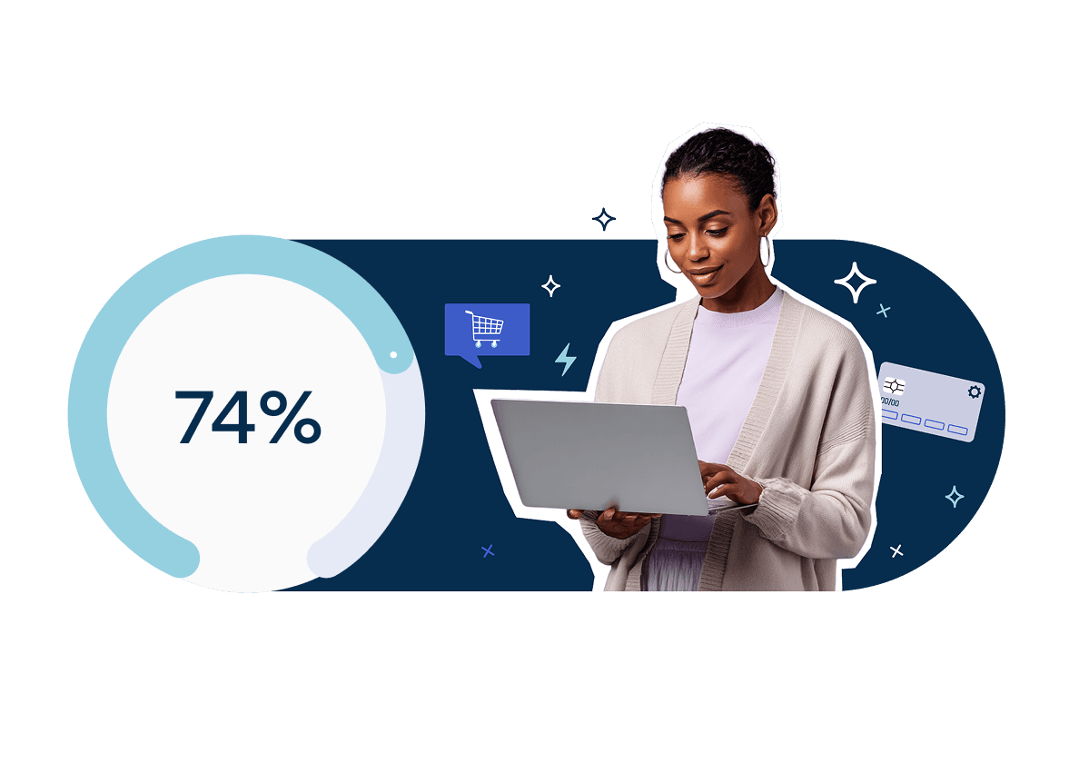 Woman using a laptop next to a large 74% graphic, with shopping and payment icons on a dark blue background.