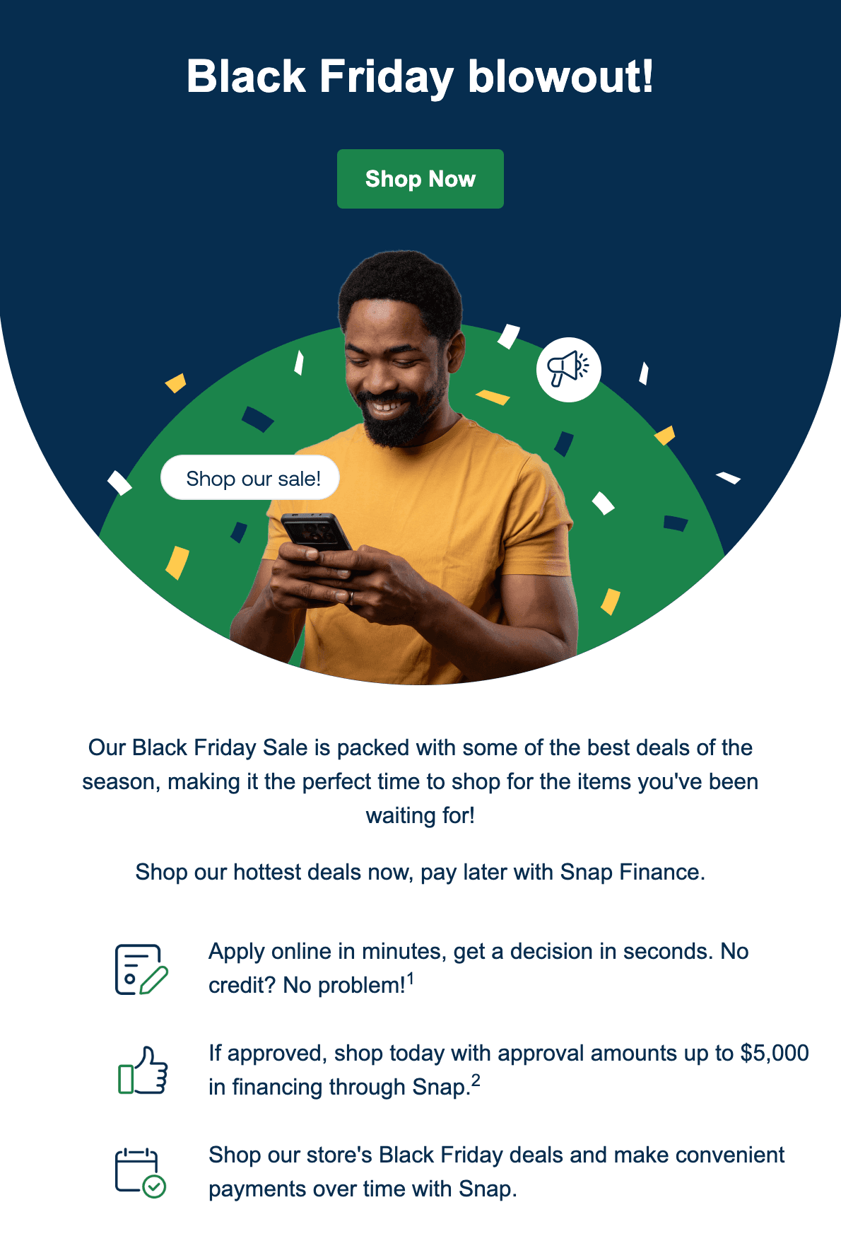 Man using smartphone for Black Friday deals. Text promotes Snap Finance options for shopping online, featuring quick decisions and up to $5,000 financing.