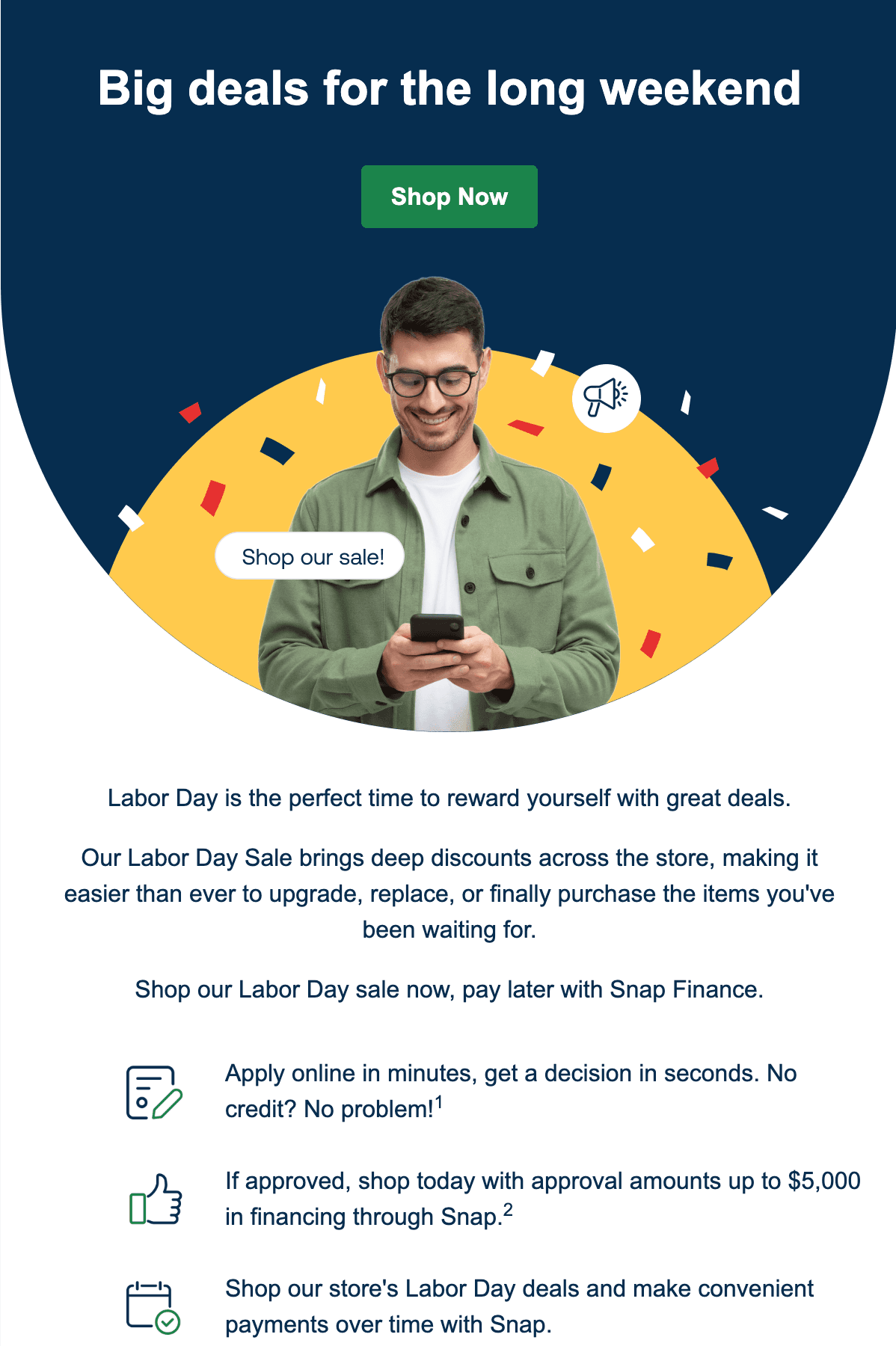 Labor Day sale ad showing a smiling person checking a phone, with bright confetti. Offers financing and big discounts.