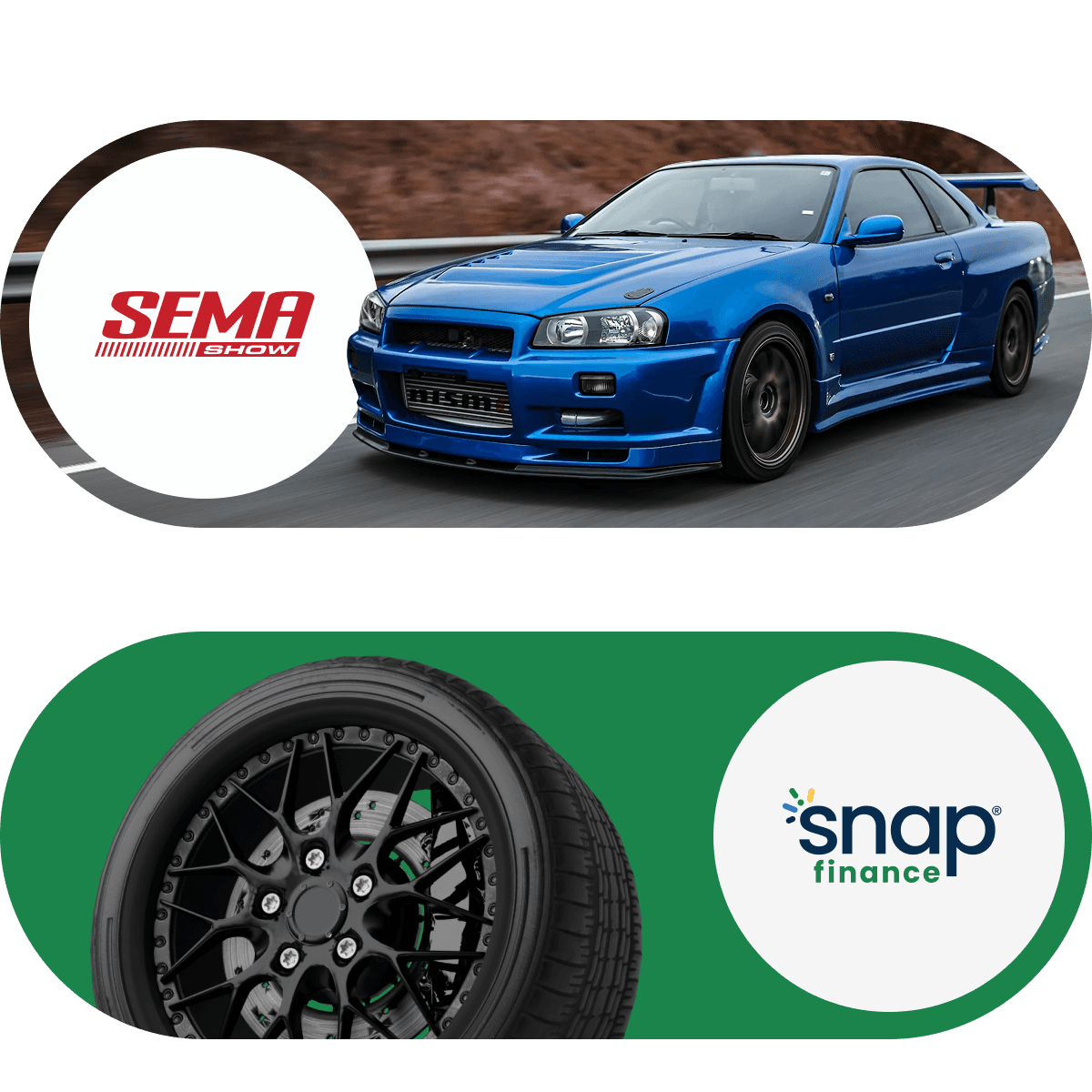 A blue sports car driving with SEMA Show logo; below, a black tire on a green background with Snap Finance logo.