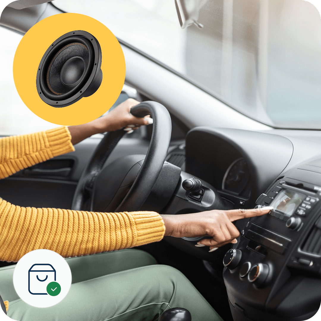 Person in a yellow sweater adjusting car stereo while driving, with a speaker and shopping icon overlaid.