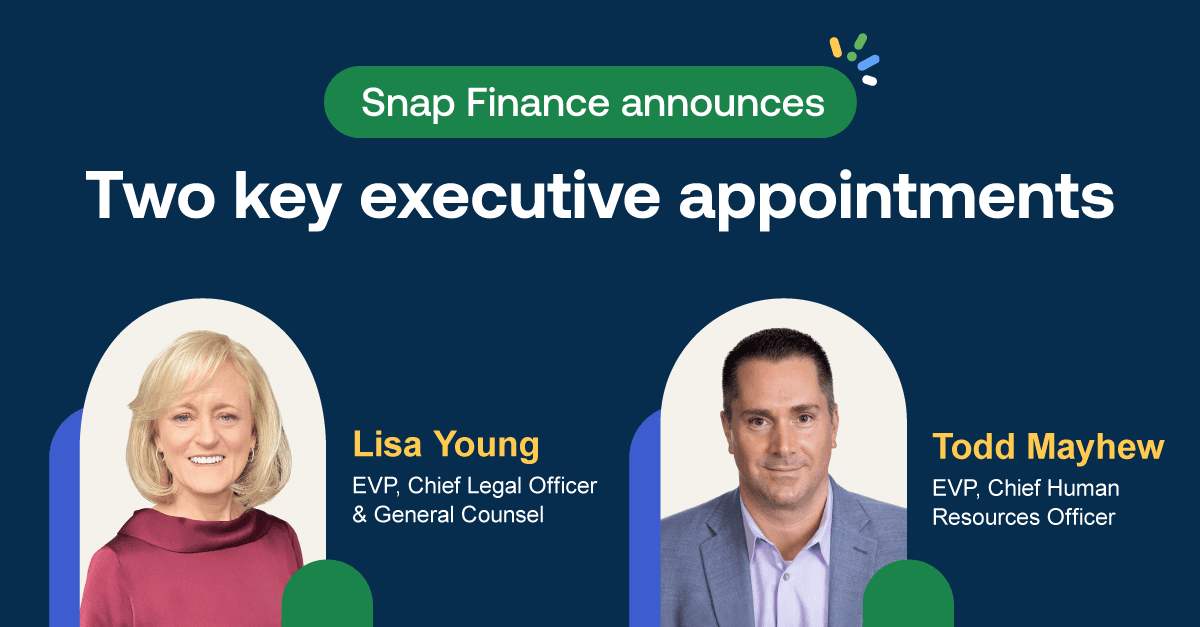 Snap Finance announces two executive appointments: Lisa Young as EVP, Chief Legal Officer, and Todd Mayhew as EVP, Chief Human Resources Officer.