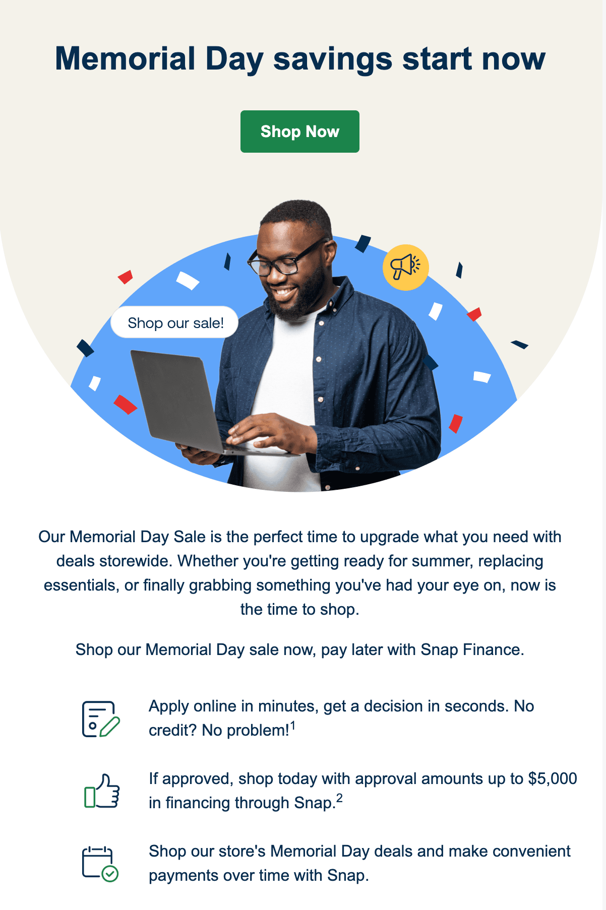 Man smiling at laptop, "Memorial Day savings start now" text, with Snap Finance offers: shop now, pay later options available.