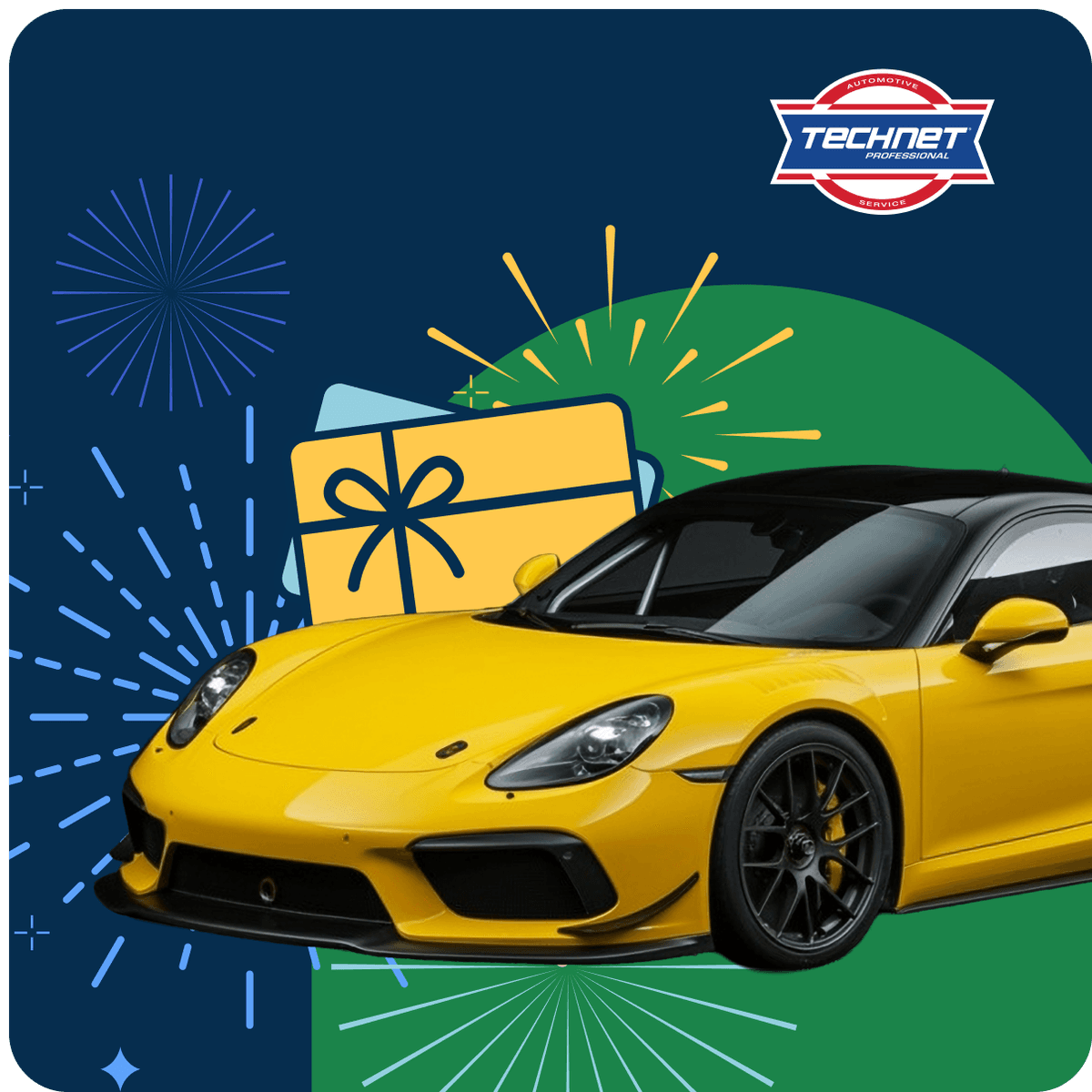 Yellow sports car with a black roof, surrounded by gift box graphics and fireworks on a festive background. Technet logo in the corner.