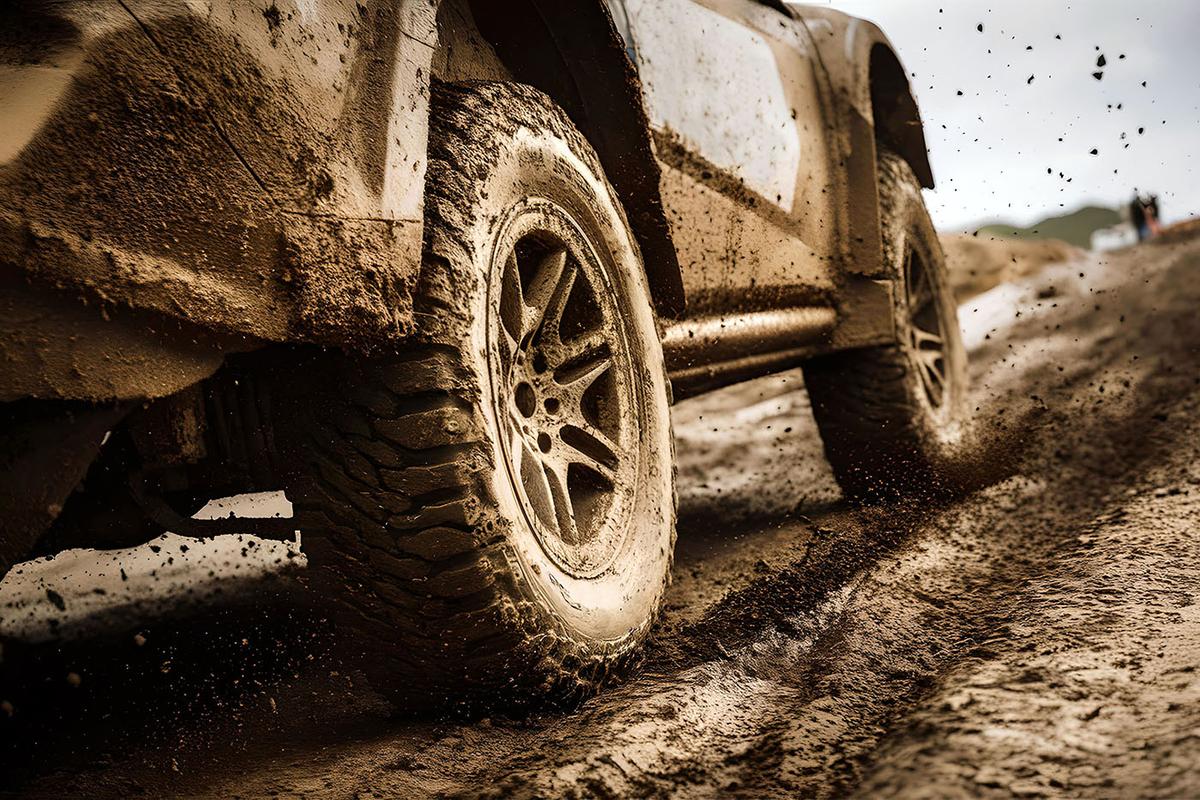 Close-up of a muddy off-road vehicle driving through wet terrain, with mud flying from the spinning tires.