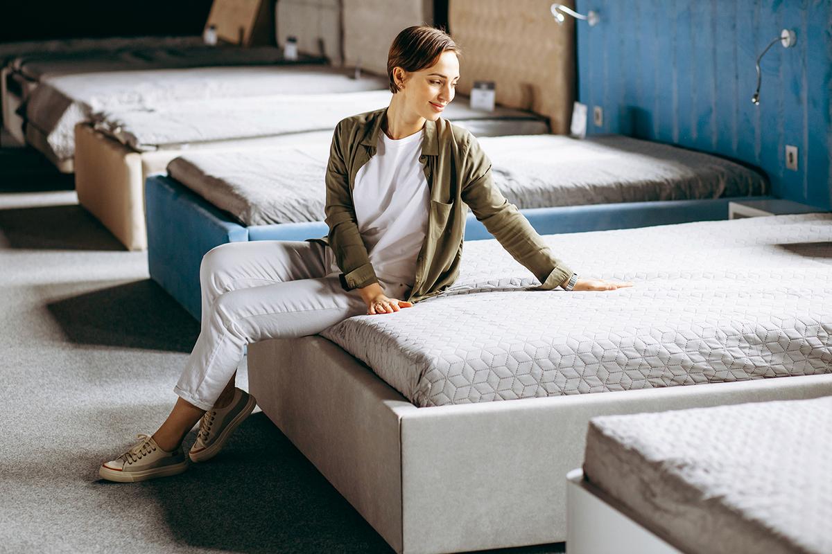 A woman sits on the edge of a mattress in a showroom, testing its surface with her hand while surrounded by other display beds.
