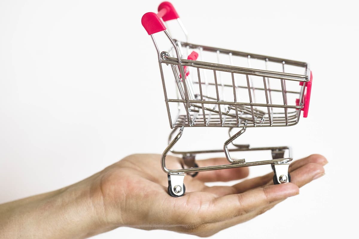 A small shopping cart with red handles is balanced on an open human palm against a plain white background.