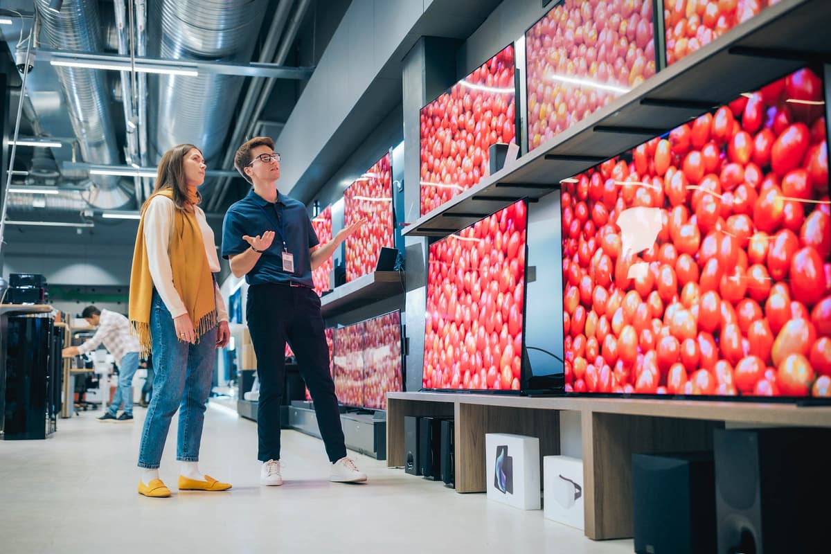A woman and a salesman discuss large TVs displaying vibrant images of tomatoes in an electronics store.