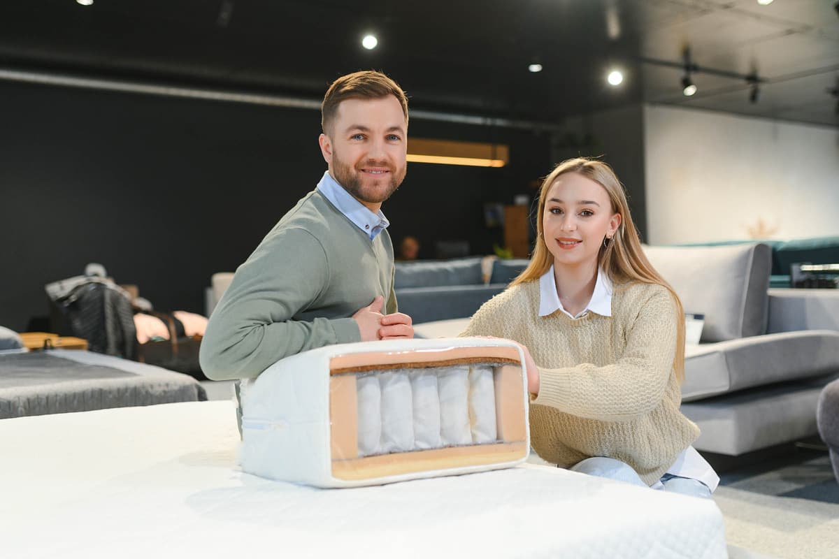 A smiling man and woman in a showroom sitting by a sample mattress cutaway, showcasing its internal structure.
