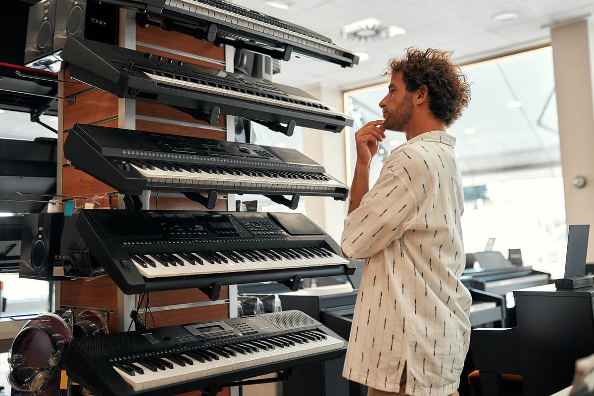 Person in a music store thoughtfully examines a display of electronic keyboards stacked on shelves.