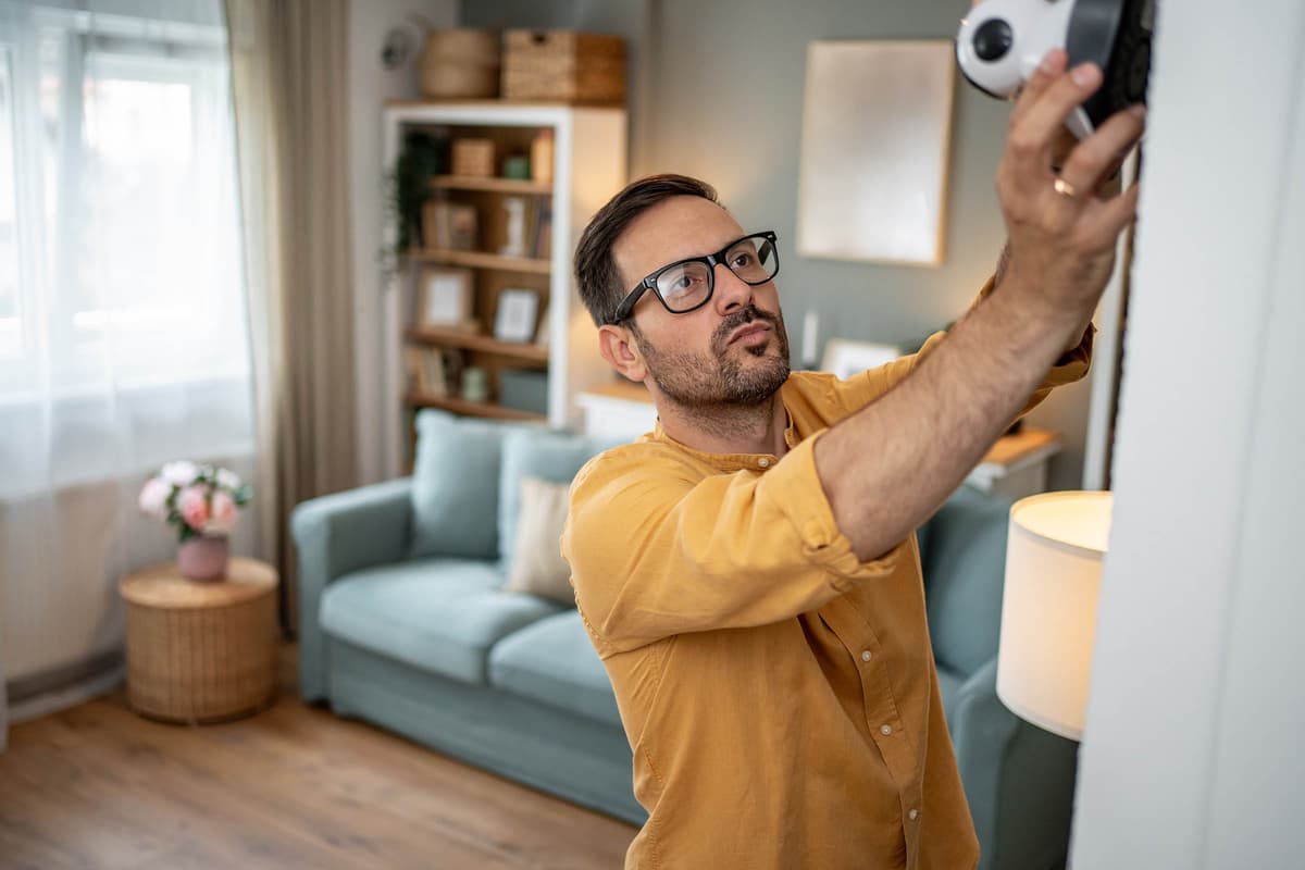 Man in glasses installs a home security camera on a wall in a cozy living room with a blue couch and bookshelf in the background.