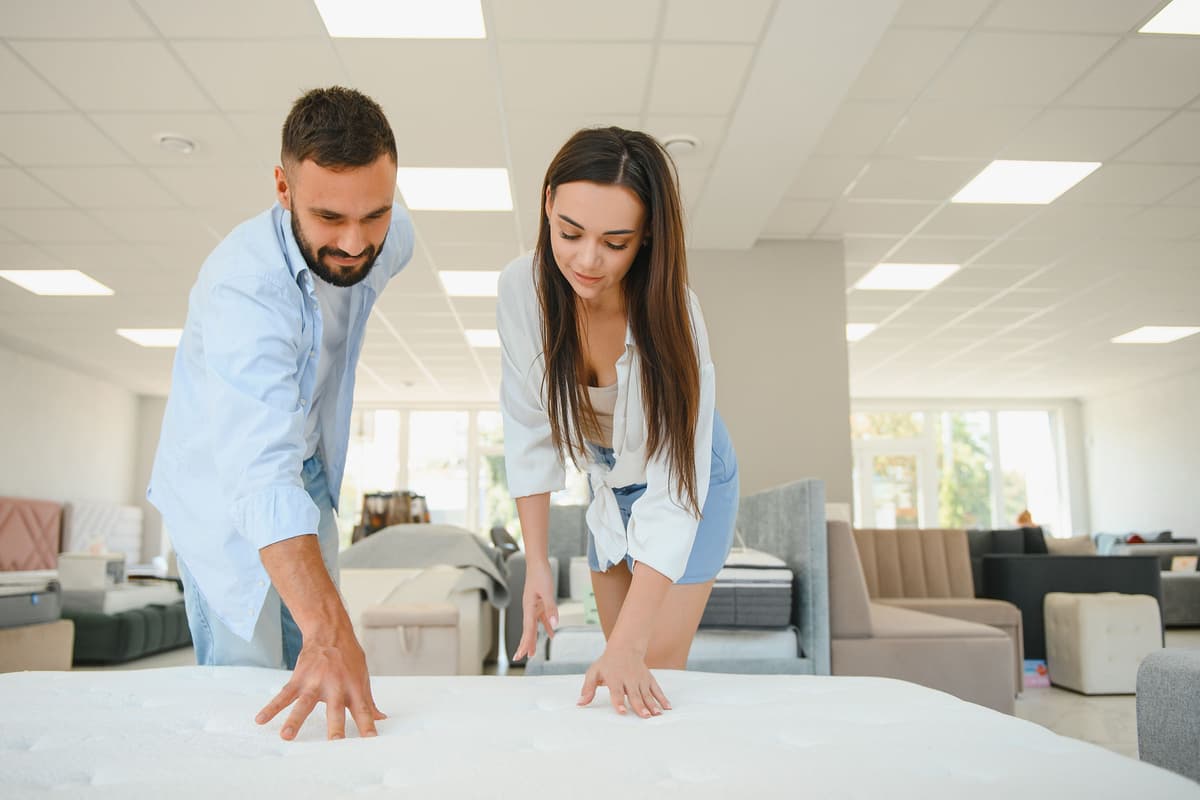 Man and woman testing a mattress by pressing on it in a brightly lit furniture store.