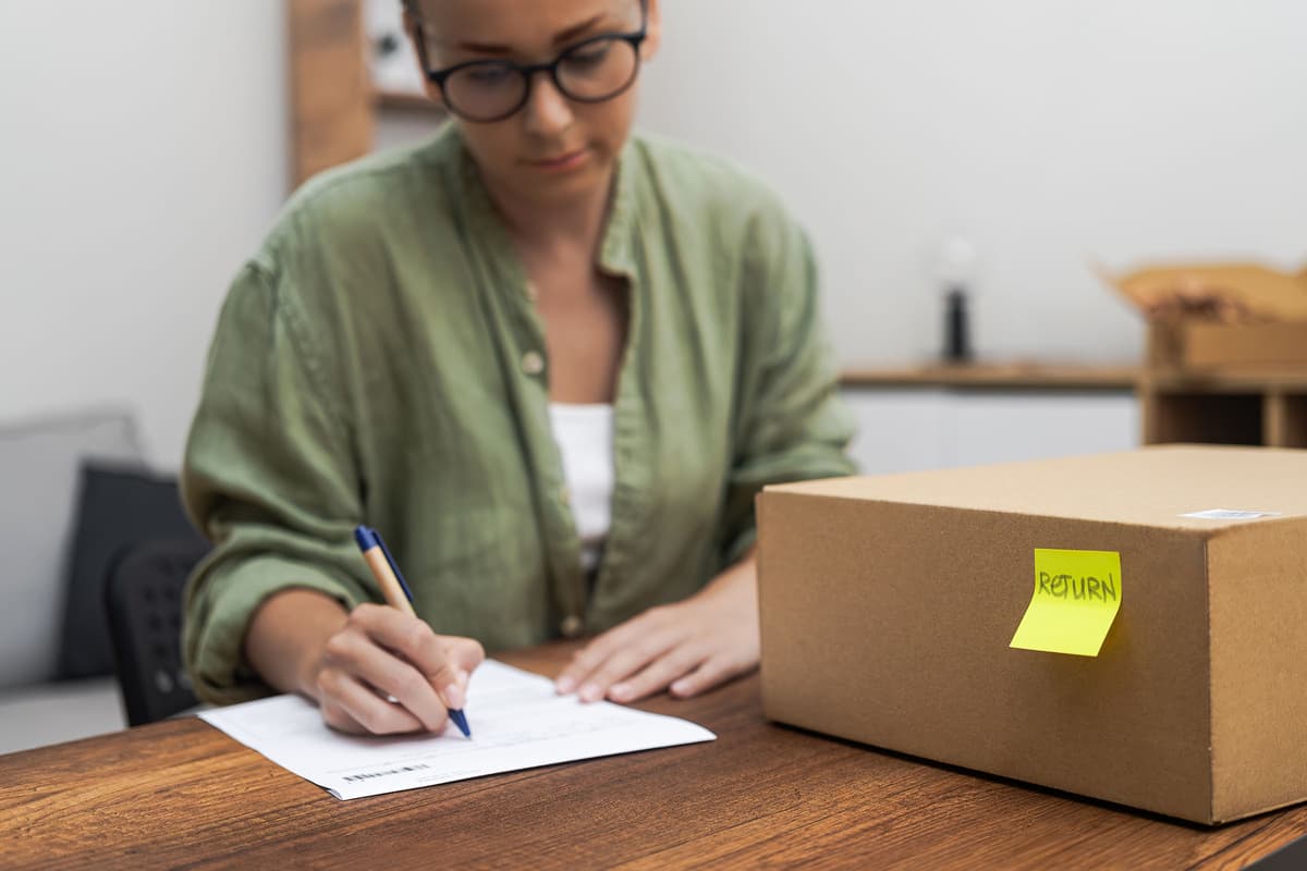A person in a green shirt, wearing glasses, fills out a form at a table with a cardboard box labeled "RETURN."