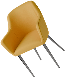 A modern, mustard-yellow chair with black legs, viewed from an angled perspective.