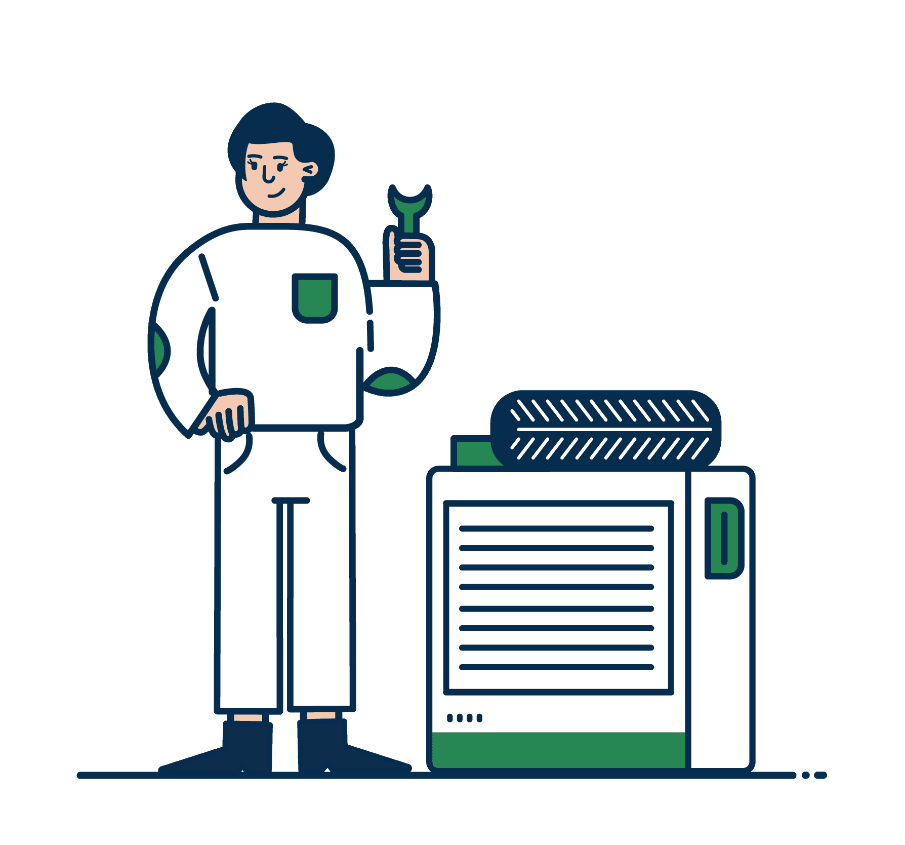 Illustration of a mechanic or technician standing next to an appliance. The person wears a white uniform with green accents and holds a wrench. To their right is a large machine with a tire on top.