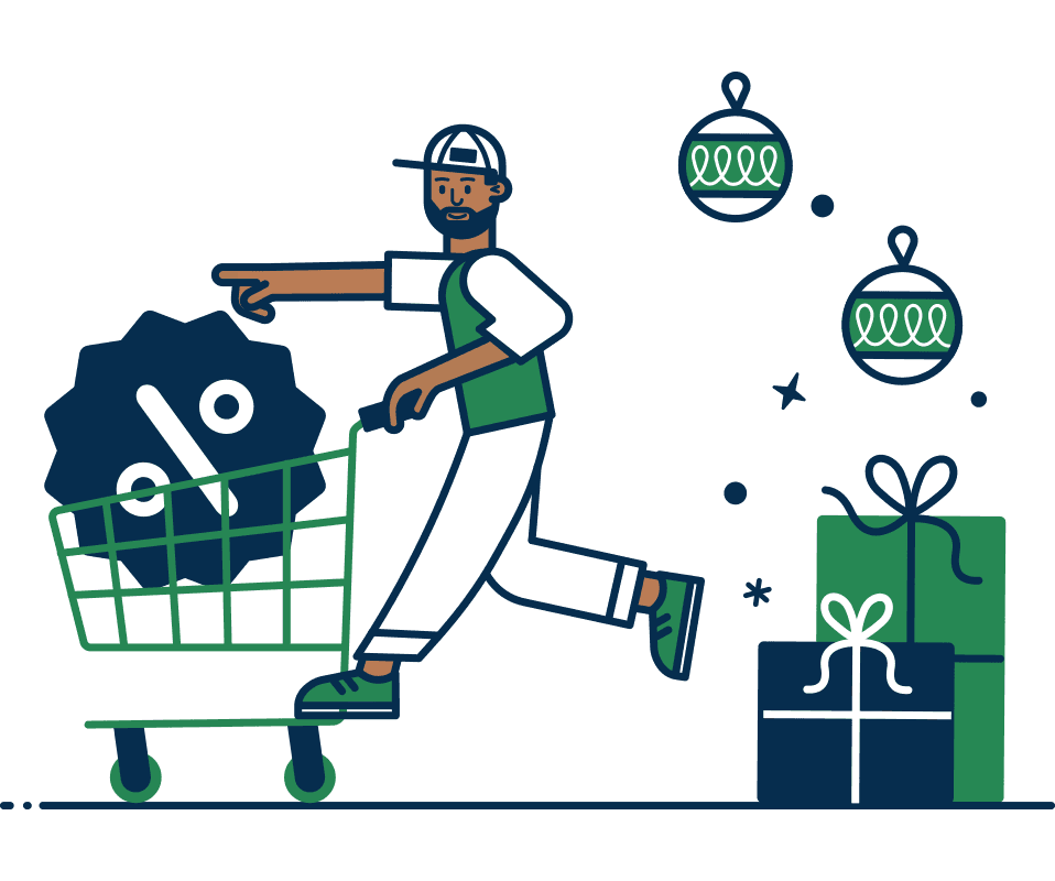 A character wearing a cap and overalls pushes a shopping cart with a percentage symbol in it. The character is pointing forward. Three hanging ornaments and two wrapped gift boxes are on the right side of the image.