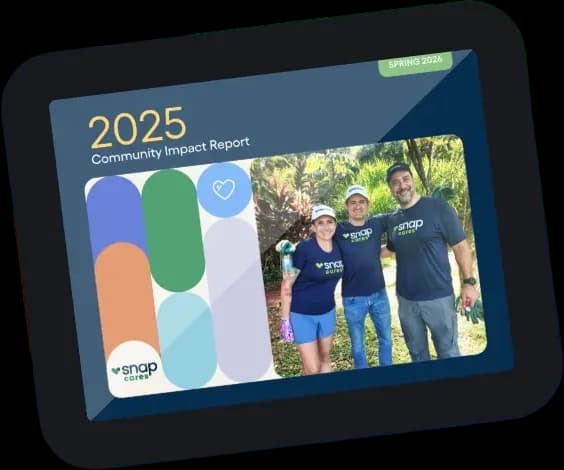 Cover of the 2025 Community Impact Report with three smiling people wearing "snap cares" shirts, set against a garden backdrop.