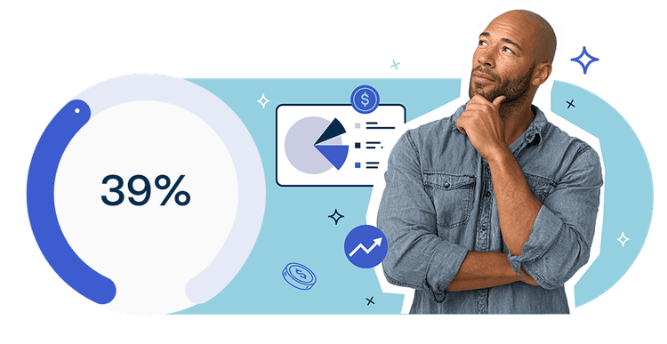 Man in denim shirt thinking beside a pie chart showing 39%, surrounded by icons of graphs and coins on a blue background.