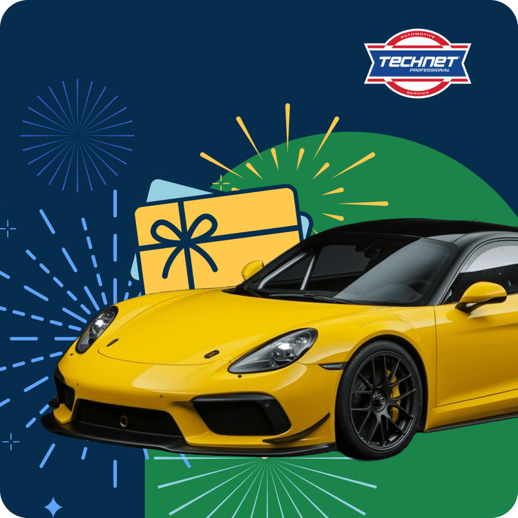 Yellow sports car with a bow and fireworks graphic background. A "Technet" logo is at the top right corner.