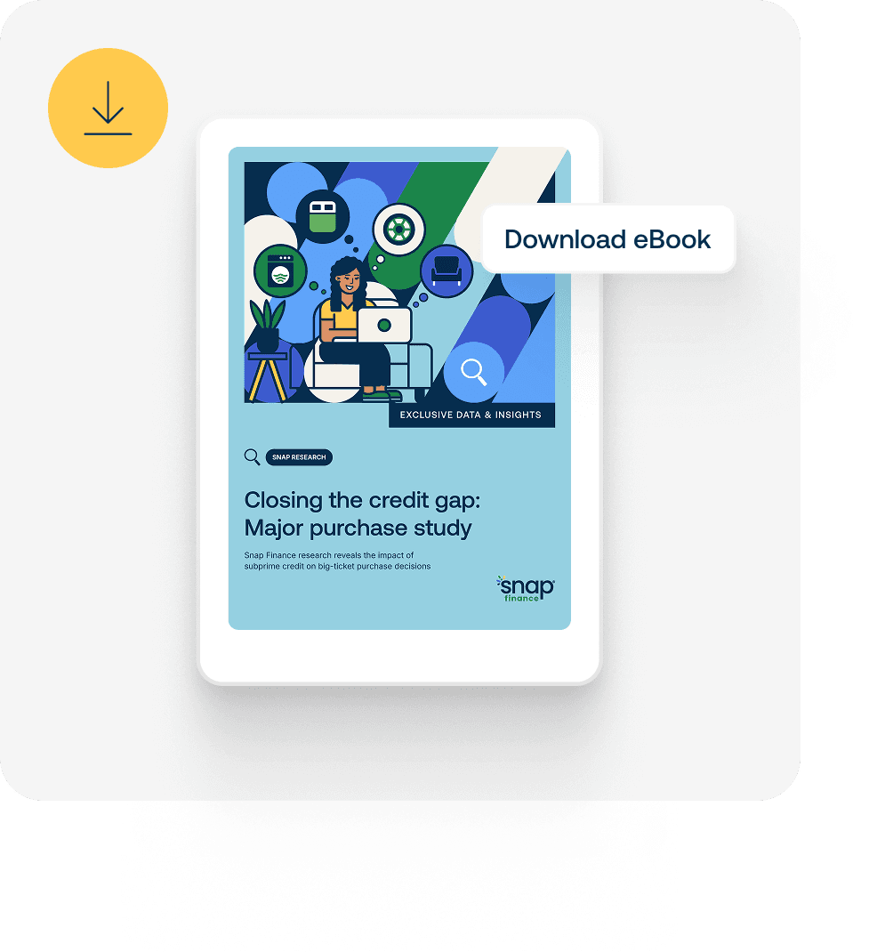 Tablet mock-up shows Snap Finance eBook cover titled “Closing the credit gap: Major purchase study” alongside a “Download eBook” label.