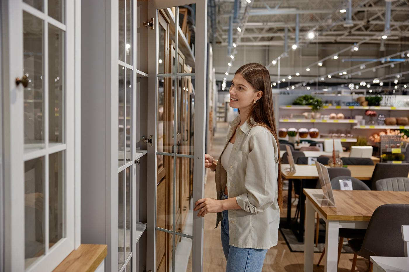 A woman in a furniture store opens the glass door of a display cabinet while browsing among tables and home decor items.