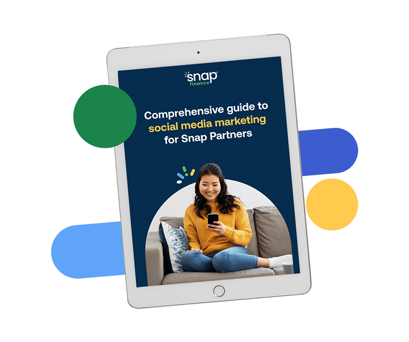 A tablet with a guide titled "Comprehensive guide to social media marketing for Snap Partners" displayed