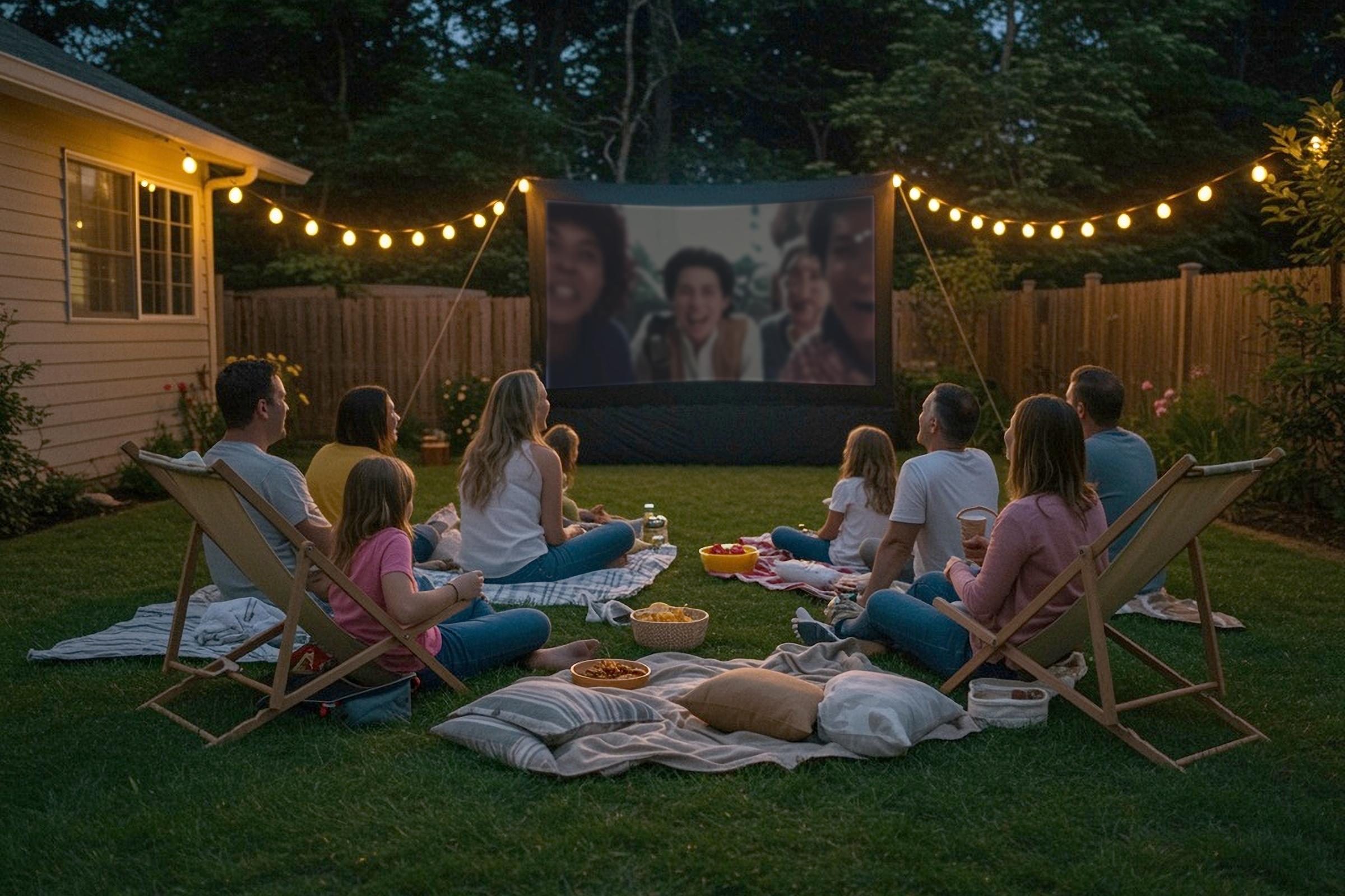 A group of people sits on blankets and chairs in a backyard at night, watching a movie on an outdoor screen with string lights overhead.